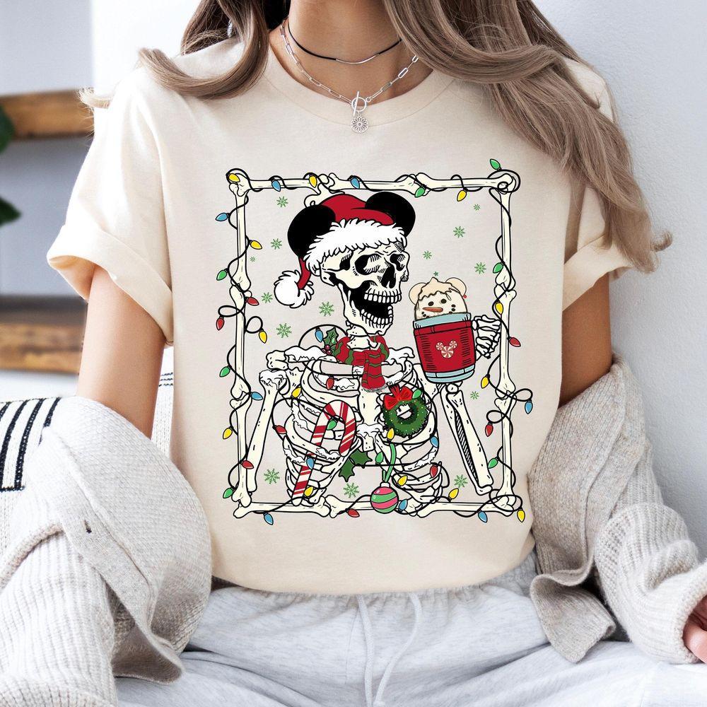 Dead Inside Skeleton Coffee Christmas Lights Sweater Skeleton Christmas Mickey Ears Shirt Disneyland Family Matching Shirt Coffee Lover Limited Edition Tshirt